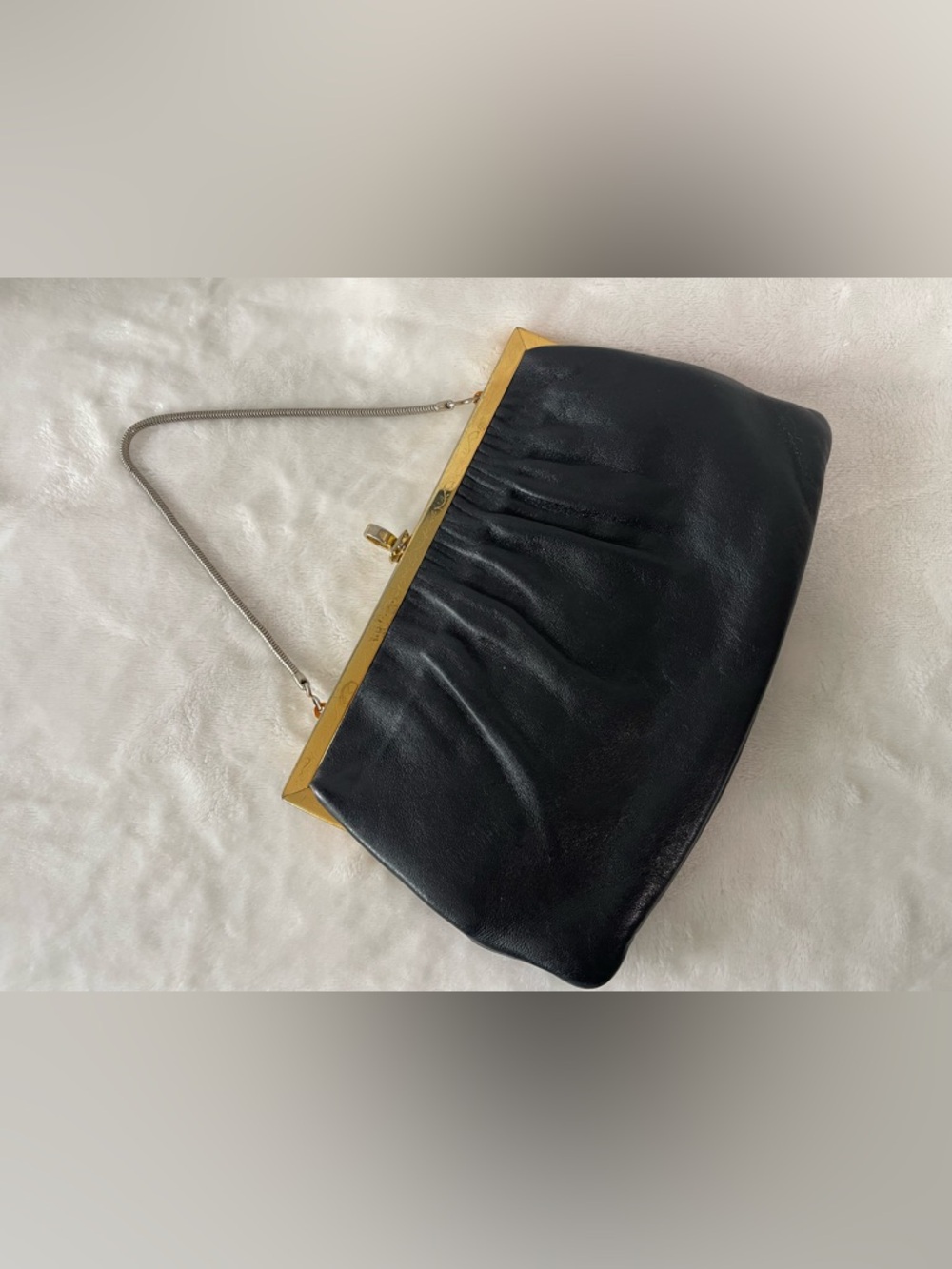 Vintage Etra Genuine leather black clutch hand bag purse gold with filigree - Picture 3 of 9